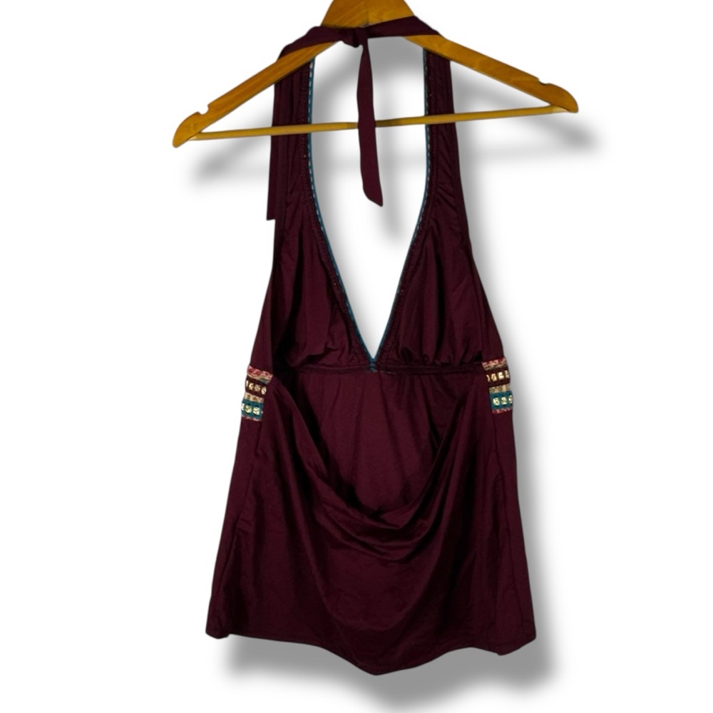 La Blanca Running Stitch Embellished Halter Tankini Top, Deep Maroon, Size 16 - Picture 14 of 14